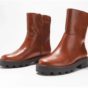 Vince Camuto Telvanni Leather Lug Boots 6.5 Brown NWOT Bootie Mid Shaft Faux Fur